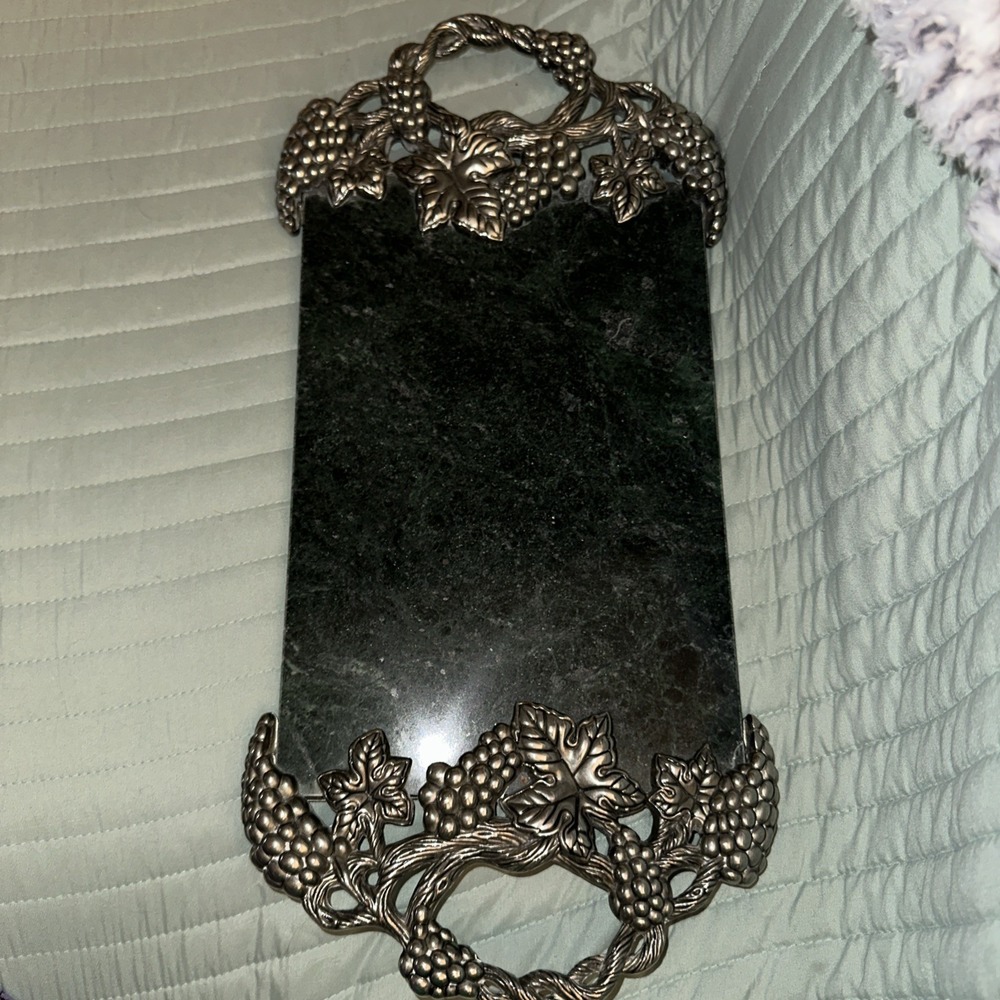 VTG Godinger Silver Green Marble Grape Vine Handled Cutting Board Serving Tray